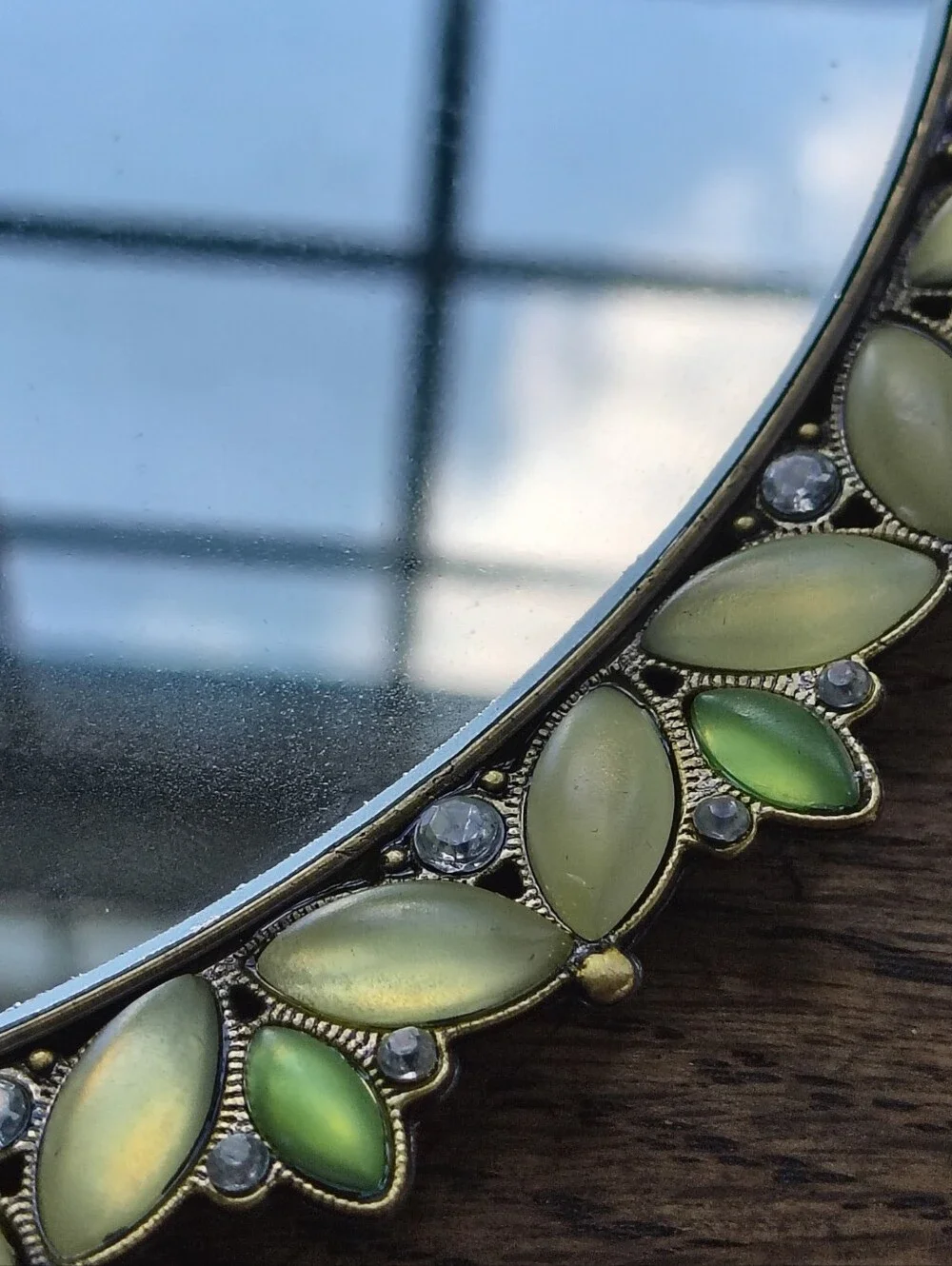 Elegant Round Mirrored Tray with Green Beaded Frame